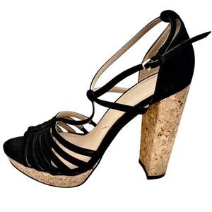Charles David Black Suede Strappy Cork Block Heel Platform Shoes Sandals T Strap